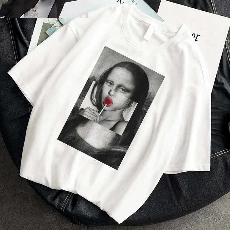 

Женская футболка оверсайз с принтом Monla Lisa Ulzzang, летняя белая футболка с коротким рукавом в стиле Харадзюку, 2021