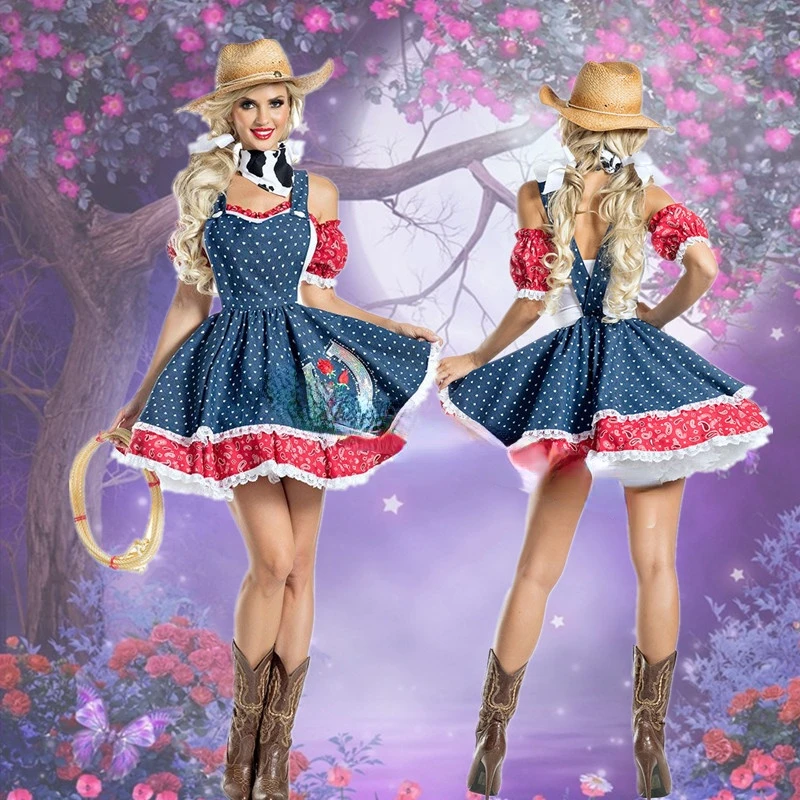 

Женский ковбойский костюм на Хэллоуин, голубое платье без бретелек с пышными короткими рукавами, костюмы баварского пива для девочек, карнавальные костюмы