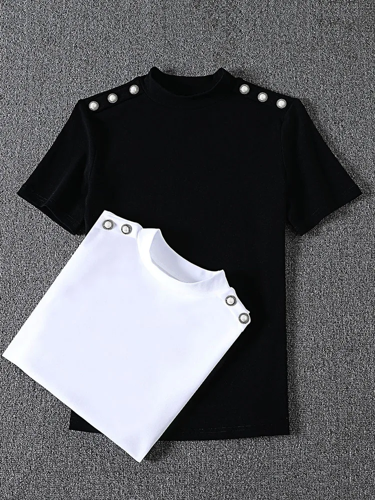 2023 female half high collar T-shirt short-sleeved cotton thin render unlined upper garment