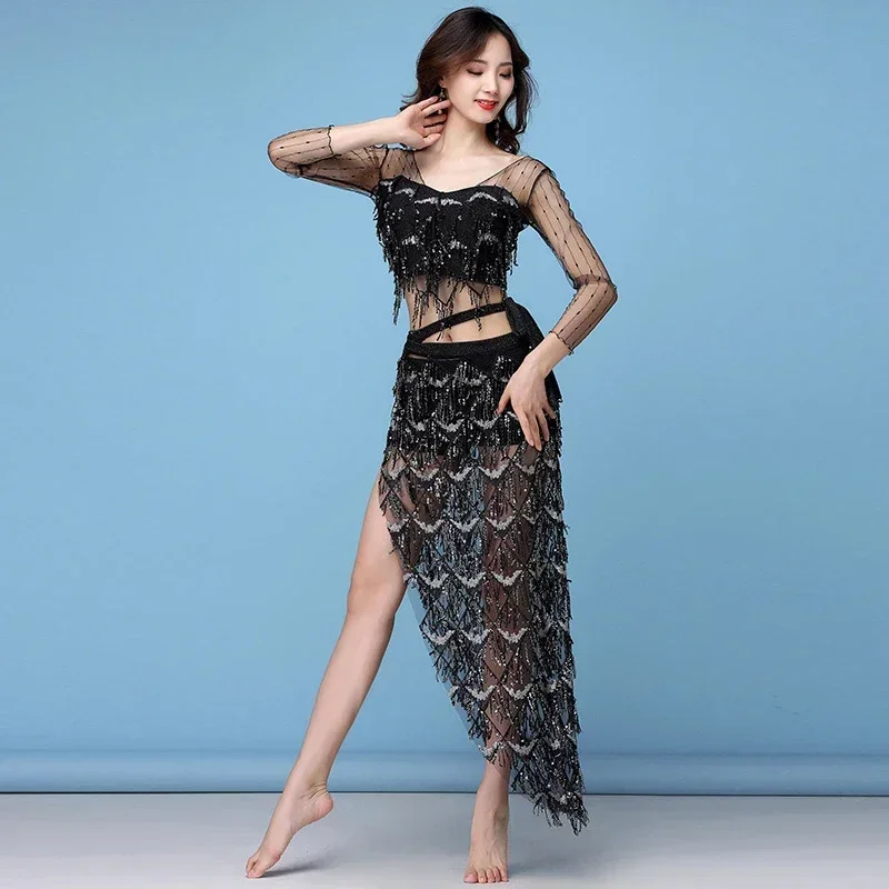 Женский костюм для танца живота сетчатый эластичный из топа и пояса с блестками