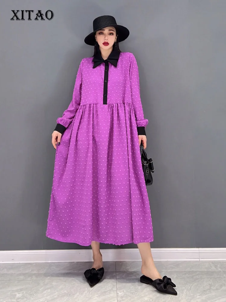 

XITAO Pleated Dress Fashion Solid Color Full Sleeve Goddess Fan Casual Style Loose 2022 Spring Elegant Minority Dress WLD6807