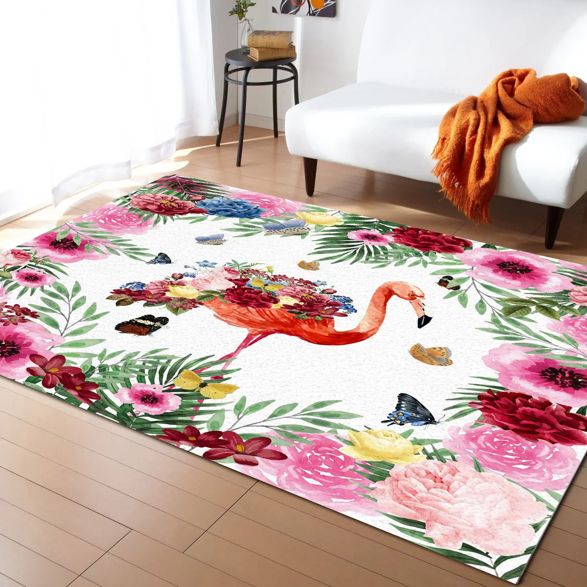 Тропический акварельный ковер с фламинго цветами бабочками декоративные