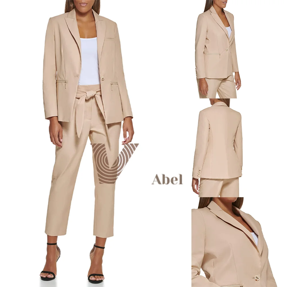 Ladies Suit Formal Business Workwear 2-Piece Set Single Button Blazer + Belt Cropped Pants
