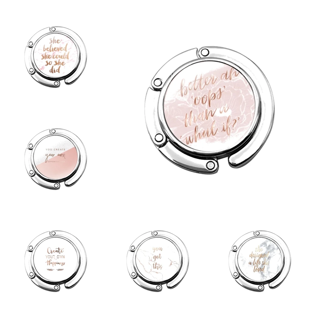 

Fashion Cartoon Cute Lover pink rose gold quotes Foldable Purse Hook for Women's Table Handbag Storage Folding Decor Table Hook