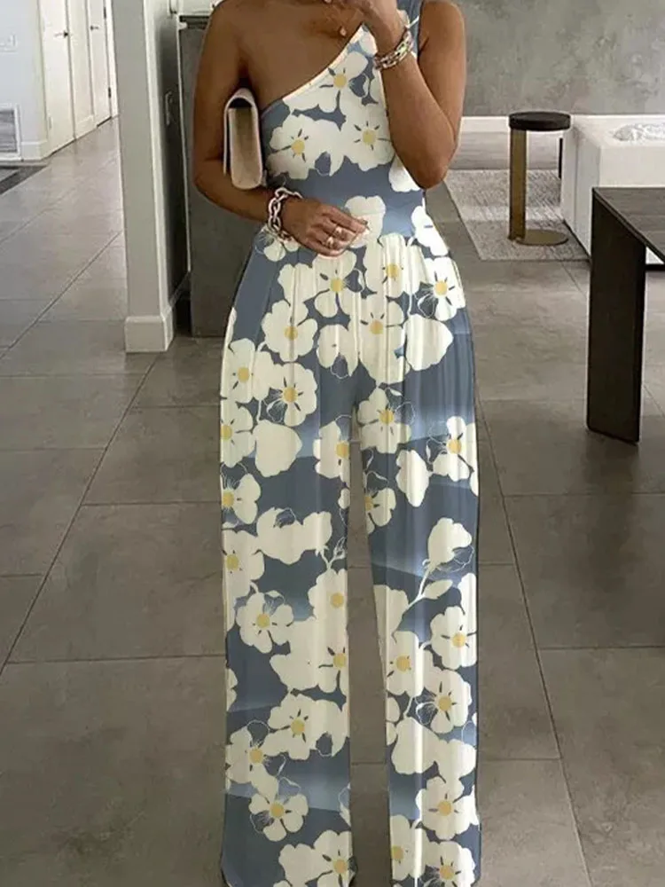 

Women Sexy Off Shoulder Party Bodysuit Retro High Street Trousers Jumpsuit Lady Elegant Diagonal Neck Backless Sleeveless Romper