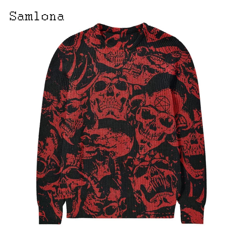 Samlona Men Casual Knitted Sweater Mens O-neck Jumpers 2023 Halloween Skull Printed Top Pullovers Male Gothic Fashion Sweater