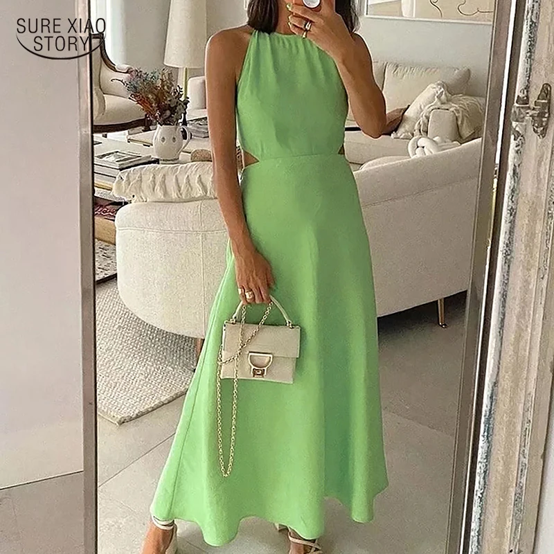 

Casual Sleeveless A-line Beach Dresses Summer Solid Light Green Sexy Party Dress Sweet Backless Strapless Halter Dress 20922