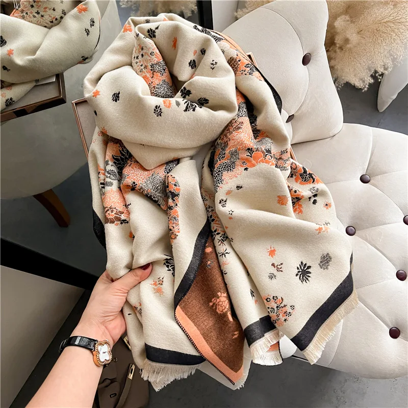 

Luxury Floral Scarf Winter Warm Cashmere Women Long Pashmina Foulard Female Scarves Lady Shawl Wraps New Blanket Fashion Poncho