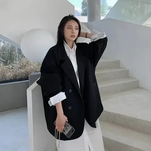 Женский свободный Блейзер, куртка большого размера в Корейском стиле, одежда для офиса и работы, осень-весна