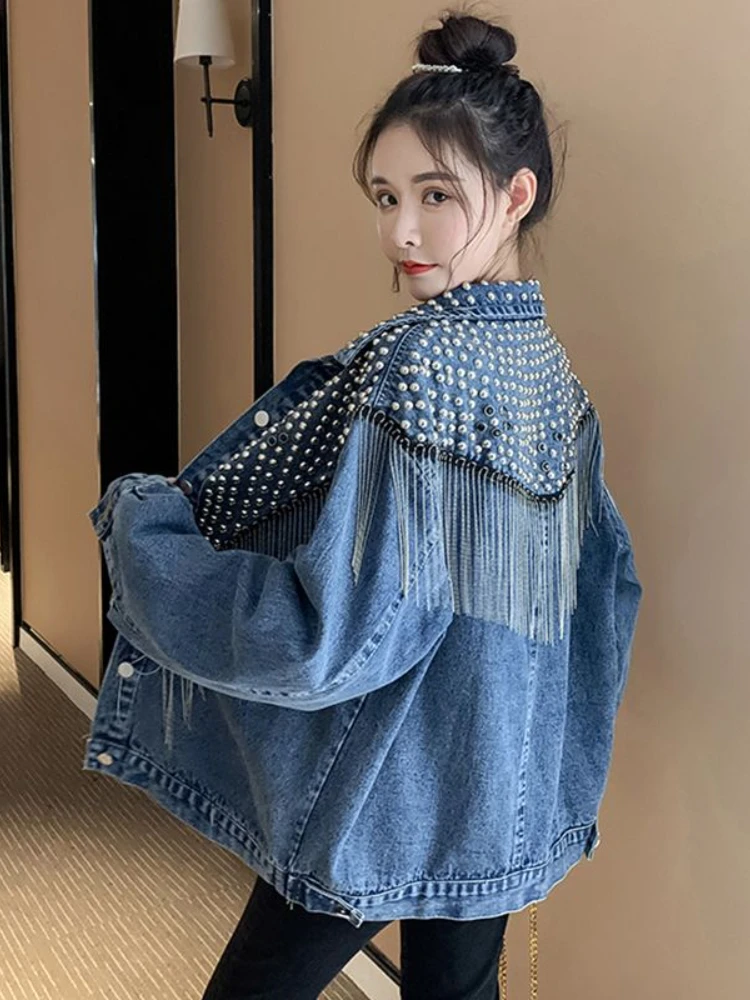 

Осенняя женская джинсовая куртка с заклепками и бахромой, свободная верхняя одежда, однобортная черная верхняя одежда, уличная одежда