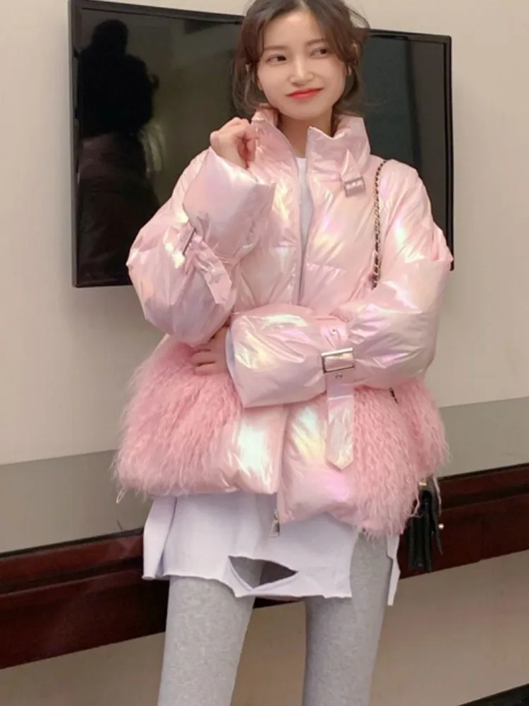 Women's Winter Silver Down Cotton Jacket Glossy 2021 Golden Big Fur Collar Thick Shiny Parka Long Pink Blue Warm Oversize Parkas