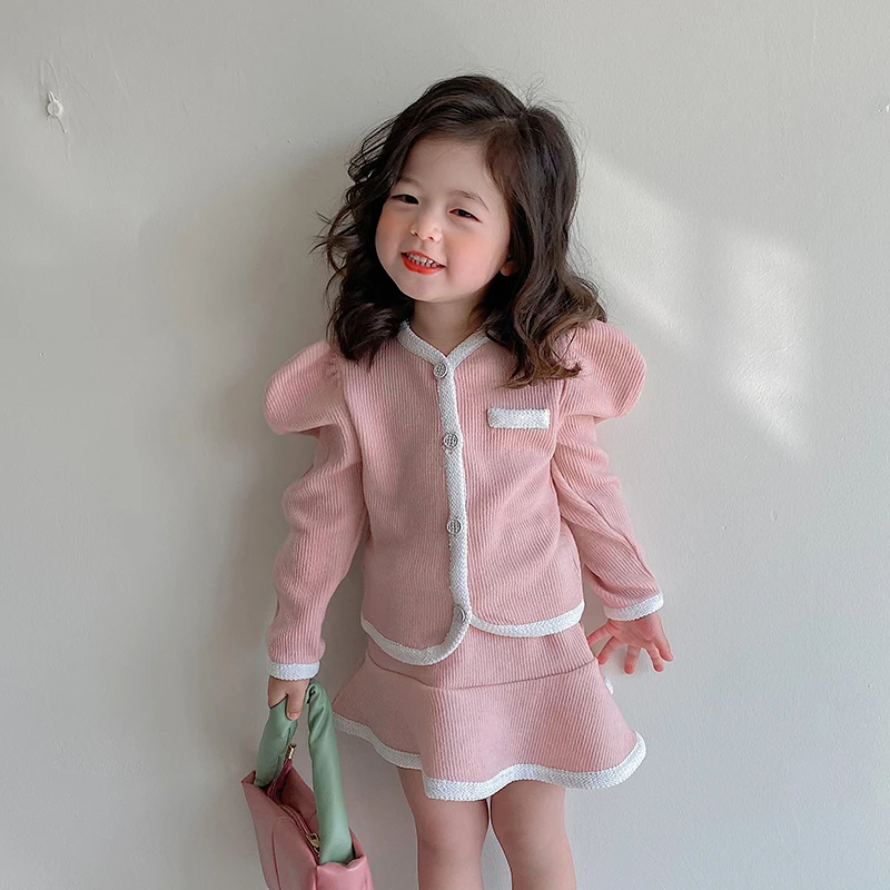 

Spring Girls 2 Pcs Set Toddler Cardigan + Skirt Kids Suits For Baby Children Brand Clothes Puff Slevve Ruched Rib Knit 1-6Y