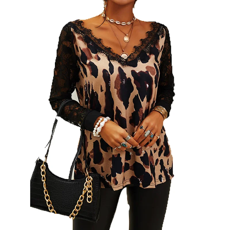 New Arrive Woman Tshirts Long Sleeve Lace Stitching Tees Tops Sexy V-Neck Leopard Print Graphic T Shirts Fashion Women Clothing