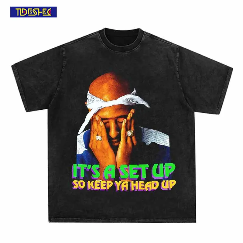

Washed Short Sleeve Hip Hop Streetwear 90s Vintage Tee Shirt Rap 2Pac Portrait Print T-Shirt for Women Men Black Cotton T-shirts