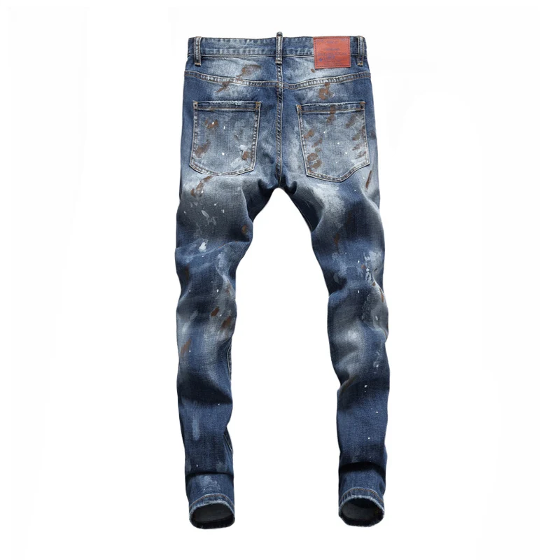 High Street Fashion Men Jeans Retro Blue Dirty Washed Elastic Slim Ripped Jeans Men Painted Designer Hip Hop Brand Pants Hombre