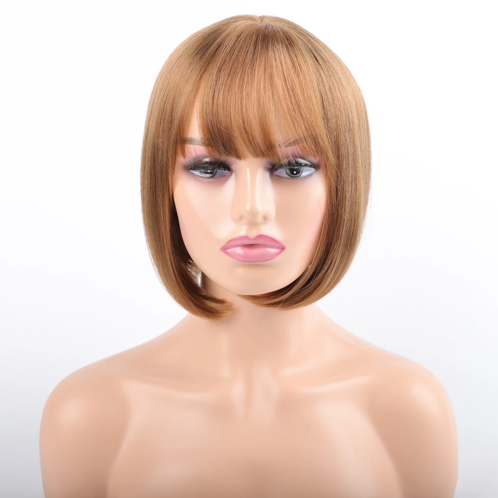 Golden Blonde Bob Synthetic Hair Wig Straight Wig with Bangs Synthetic Short Bob Wig for Women Short Afro Wigs with Fake Scalp