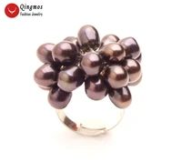 qingmos fashion women jewelry gift 25mm flower black rice natural pearl ring for women jewelry adjustable 7 9 rin28