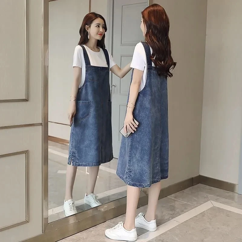 Женское джинсовое платье на бретельках Модный комплект из двух предметов в