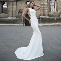 2022 sexy stain sleeveless wedding dress boat neck open back sweep train bridal gown for women custom made vestido de novia