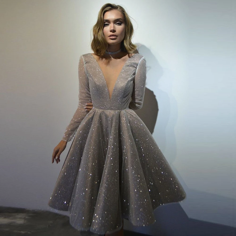

Shiny Full Sleeve Deep V Neck Cocktail Dresses V Neck Puffy Tulle Prom Dress 2022 New Summer Vestidos De Coctel Zipper Back