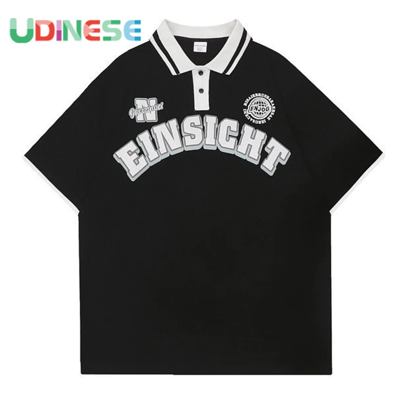 

UDINESE 2022 Summer Retro Letter Print Polo Shirt Short Sleeved Loose Lapel T-shirt y2k Clothes Tops for Teens Men and Women