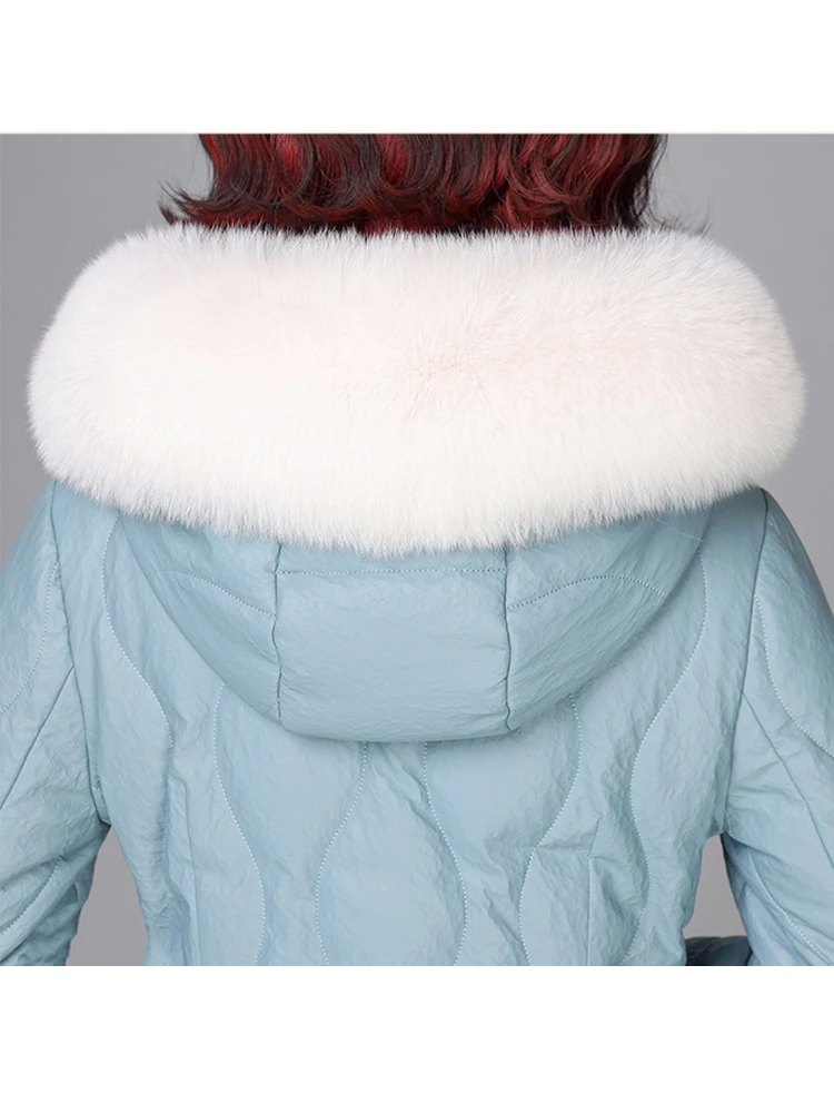 New Women Sheep Leather Down Coat Winter Casual Warm Real Fox Fur Collar Long Leather Down Coats Loose Thick Hooded Outerwear