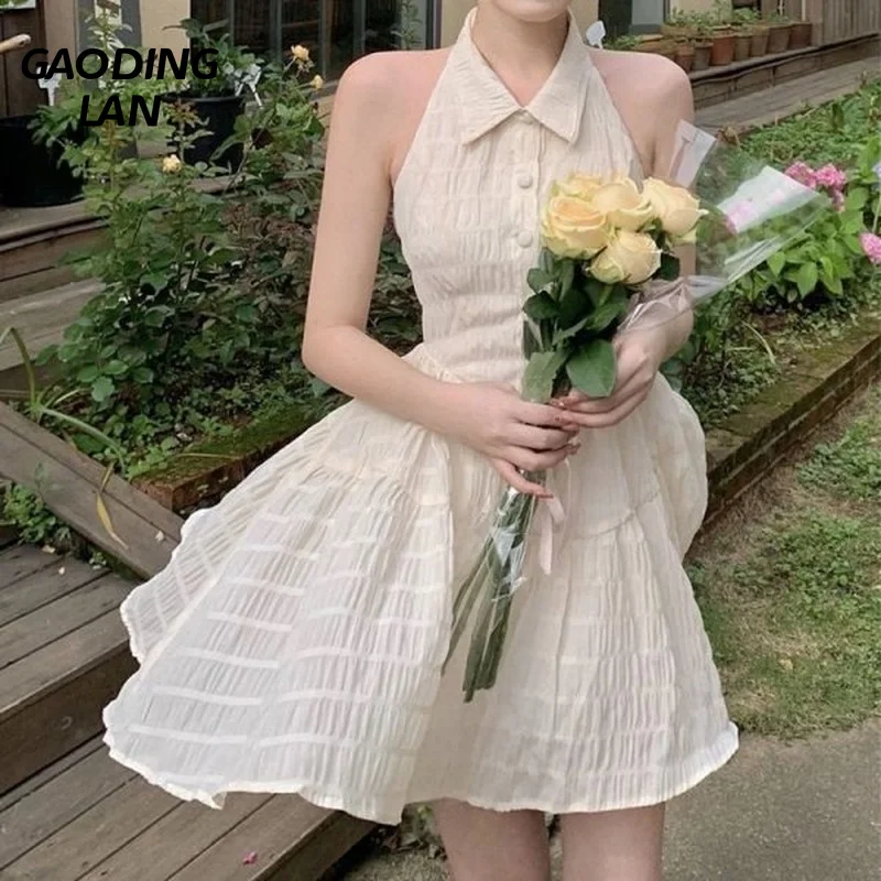 

Летнее женское платье без рукавов с отложным воротником, однотонные платья на пуговицах, женское универсальное приталенное милое мини-плат...