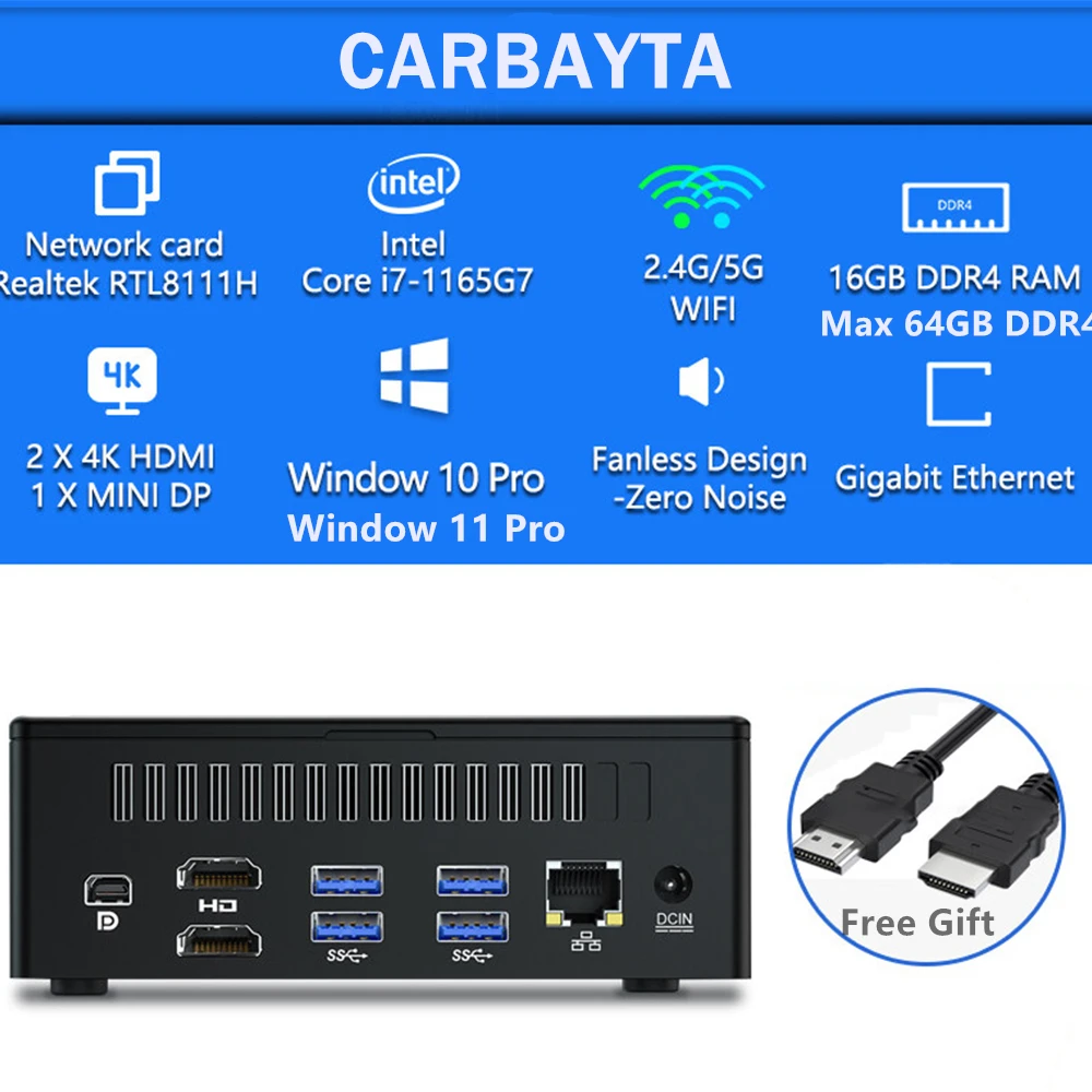 Процессор Intel®Ядро сердечника™Мини-ПК i7-1165G 7 4 ядра, ОЗУ DDR4 64 ГБ, ПЗУ 4T, ОС Windows 11 10 Pro, Wi-Fi, bluetooth, HD 8K, 60 Гц