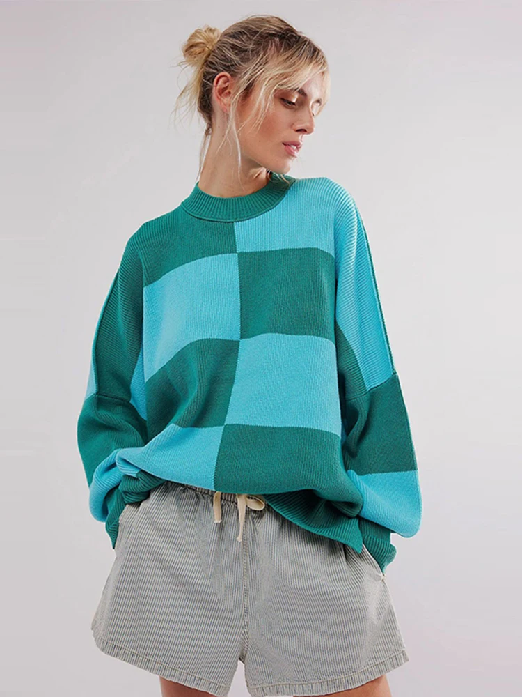 Повседневные вязаные свитера в клетку Женский винтажный свободный мягкий