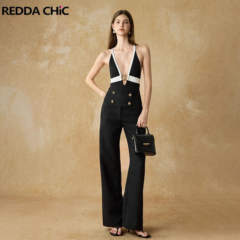 Фото REDDACHiC Сексуальный комплект с глубоким вырезом: топ и брюки, женский костюм ICON, повседневные брюки с высокой талией, свободные брюки, топ без рукавов с цветными блоками, винтажная одежда №1