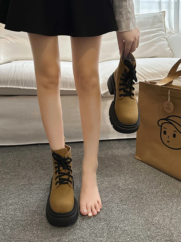 

Lolita Boots Shoes Luxury Designer Boots-Women Lace Up Round Toe Fashion Autumn Rock Ladies Med 2023 Rubber Ankle Hoof Heels Cot