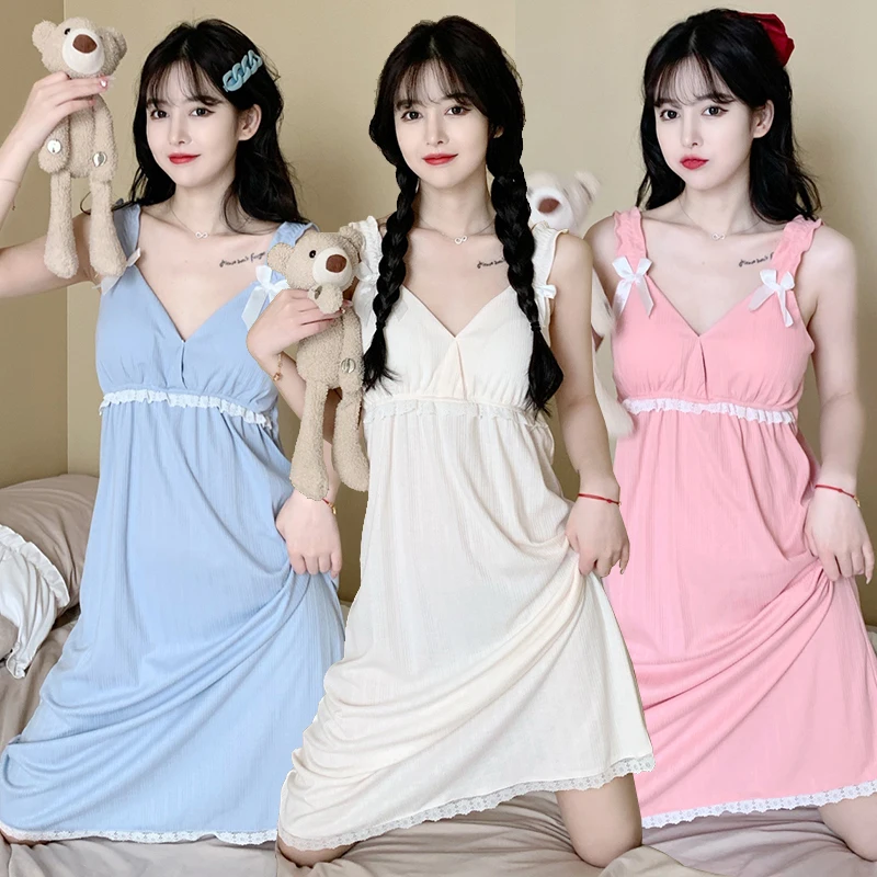 

2022 Summer Cotton Sexy Lingerie Spaghetti Strap Nightgowns for Women Cute Lace Bow Sleepwear Nightdress Night Dress Home Nighty