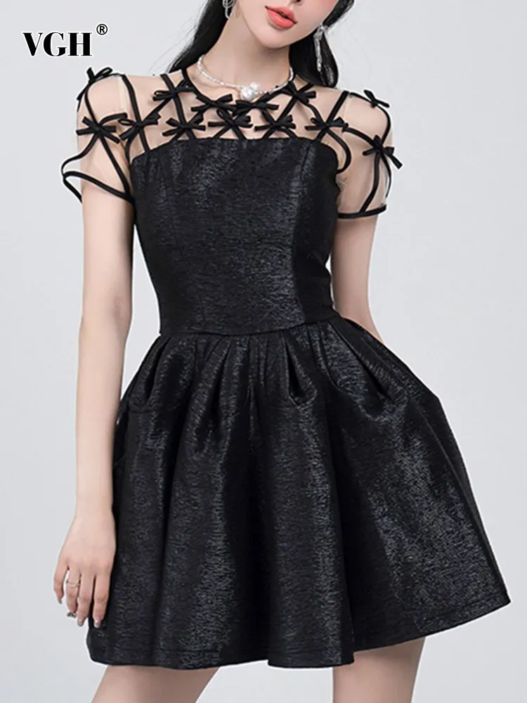 

VGH Spliced Sheer Mesh Dresses For Women Round Ncek Short Sleeve High Waist Tunic Folds A Line Elegant Mini Dress Female Fashion
