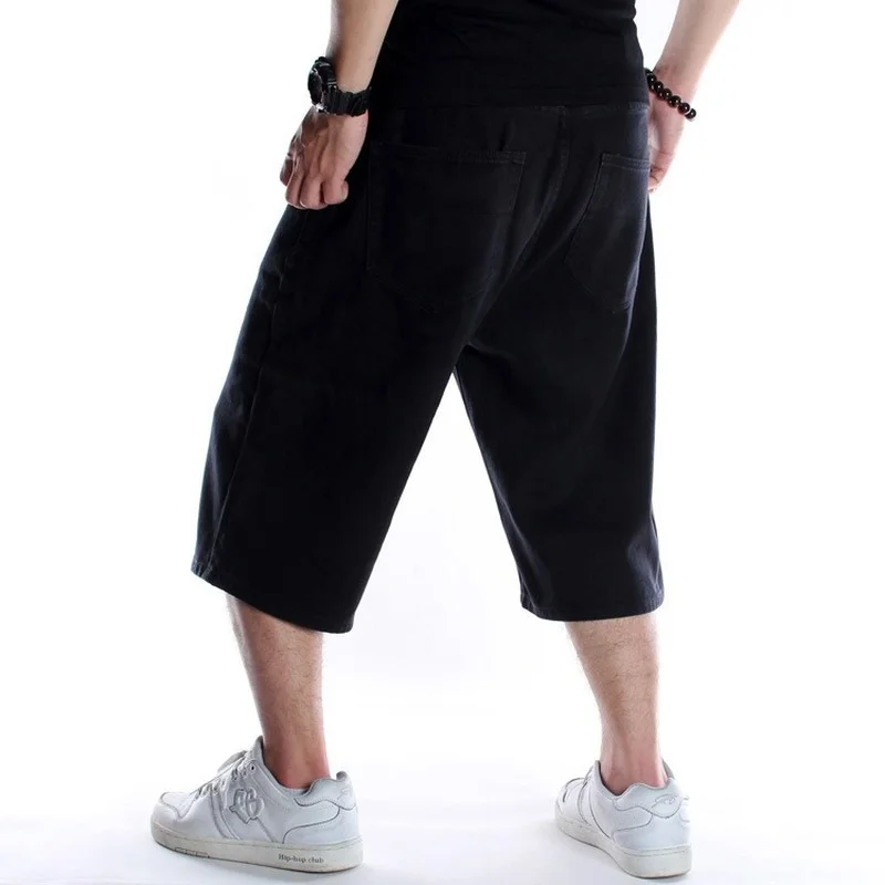 Summer Men's Wide Leg Denim Shorts Loose Straight Skating Pure Black Shorts Middle Pants Jeans Plus Size