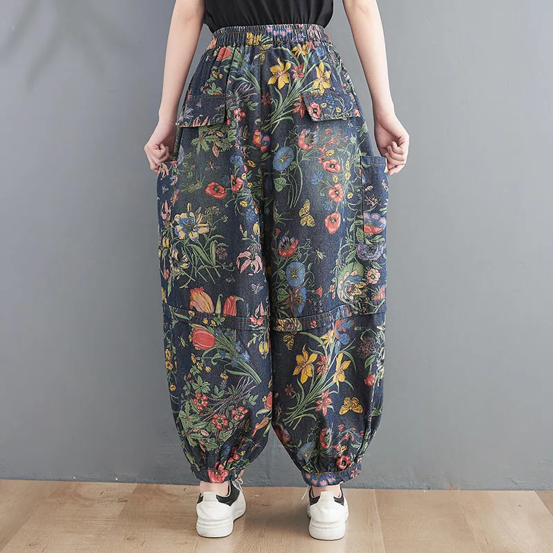 British Fashion New 2022 Ladies Printed Floral Jeans Women Vintage Blue Denim Pants Female Street Style Oversized Pantalons