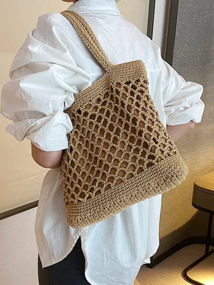 

High-capacity 2023 Summer Women Hollow Out Knit Tote Bucket Bag New Travel Big Beach Bags Handmade Lady Handbags And Purse