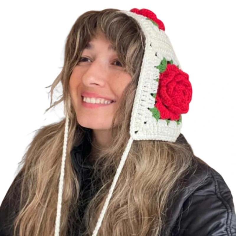 

Women Hooded Beanie Crochet Flower Balaclava Knit Earflap For Girl Hooded Hat Scarf Hooded Beanie Hat Floral Beanie Cap
