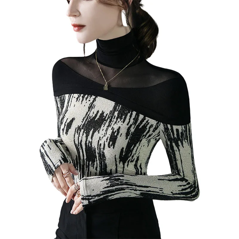 

Женская дизайнерская одежда весна-осень женская футболка с квадратным воротником с длинным рукавом Женские топы черная белая женская одеж...