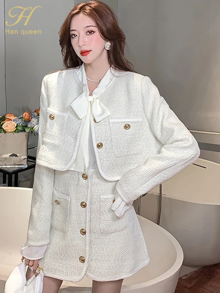 

H Han Queen Korean Tweed 3 Pieces Set Women Short Coat + Flare Sleeve Shirts And Single-Breasted Skirts Casual Office Skirt Suit