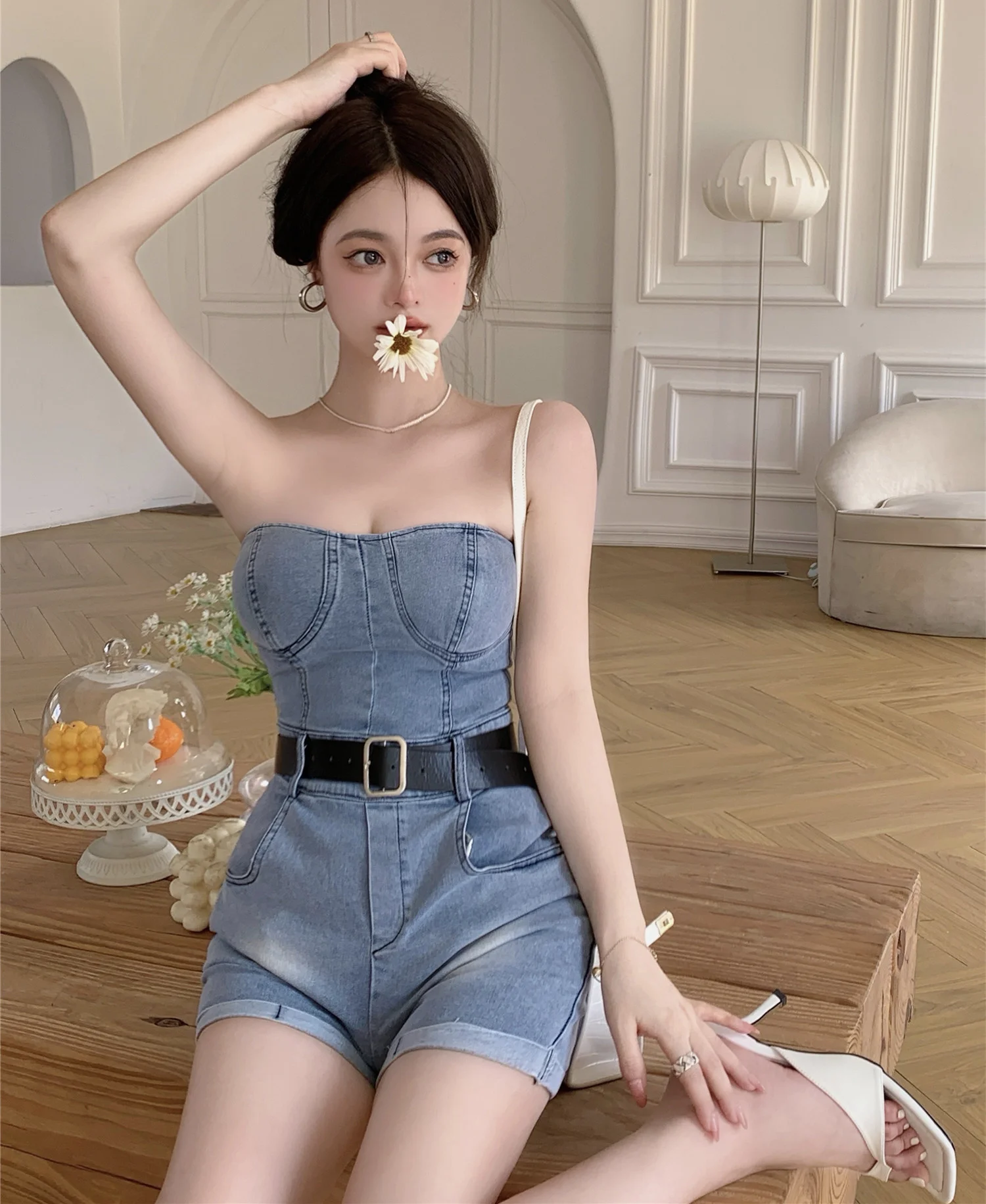 

2022 Summer Tube top Denim Jumpsuit Shorts High Waist Fashion Jumpsuit Female Rompers With Free Belt Overalls