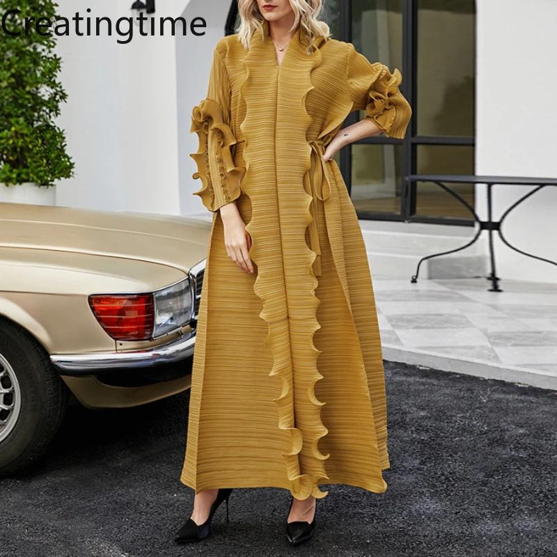 

Creatingtime 2022 Spring New Fashion Trend Women's Soild Color V-neck Long Sleeve Ruffled Pleated Patchwork Loose Dress GA810