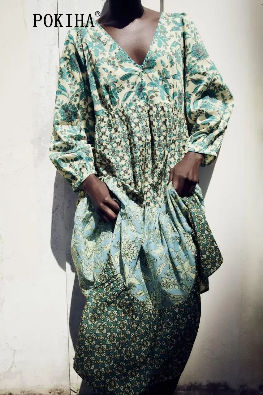 

Pokiha Fashion Women V Neck Patchwork Print Midi Dress Vintage Long Sleeve Female Elegant Dresses Vestidos Mujer