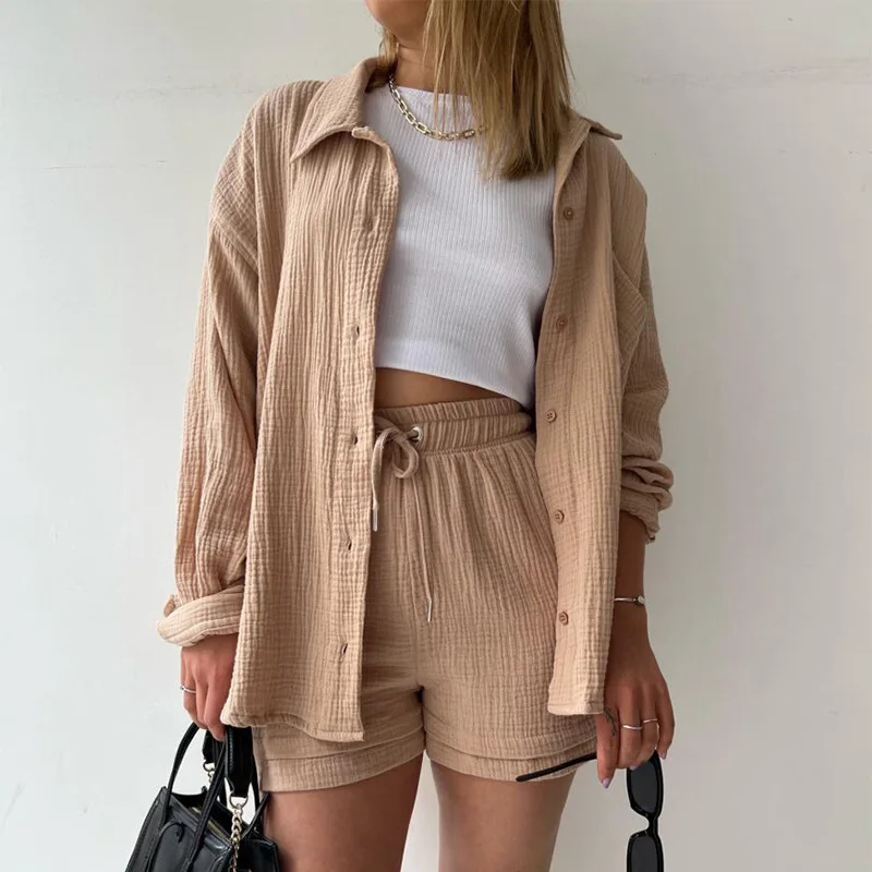 Women's Spring 2023 Ruffle Lapels Long Sleeve Shirt High Waist Drawstring Shorts Large Size Fashion Casual Suit