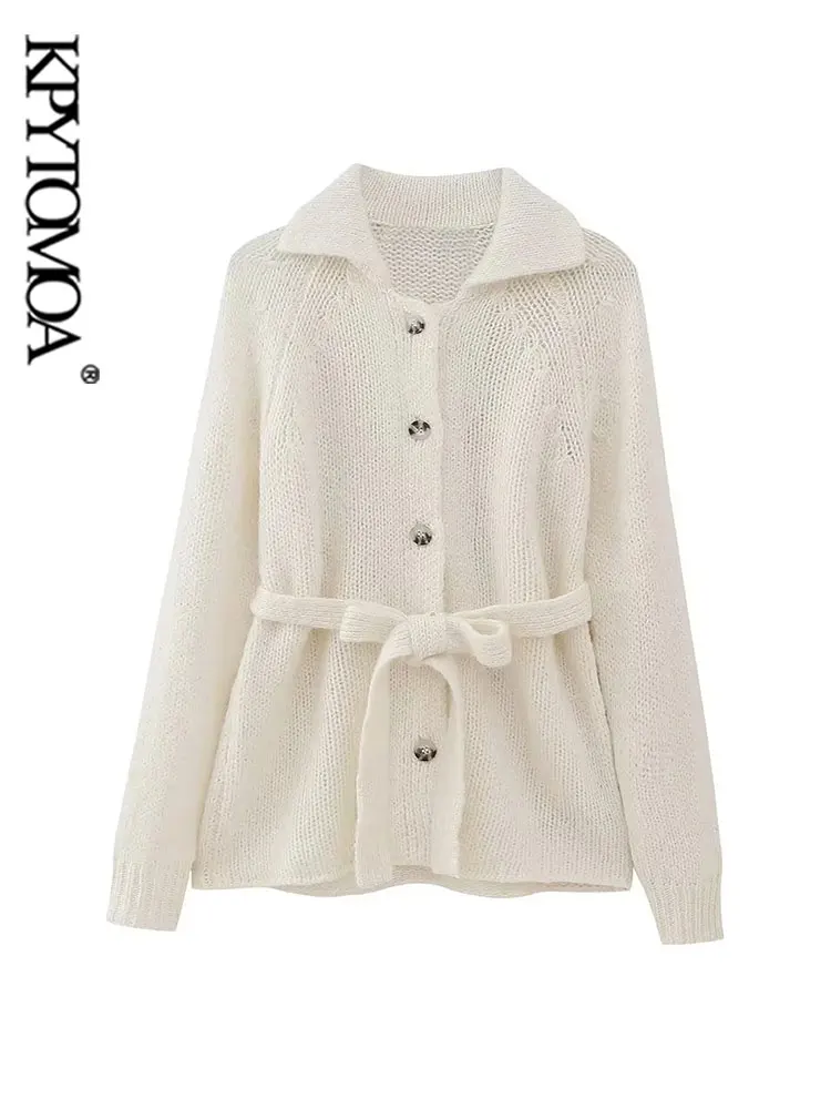 

KPYTOMOA женский модный с поясом с передней пуговицей вязаный кардиган свитер винтажный воротник с лацканами с длинным рукавом женская верхняя одежда шикарные топы