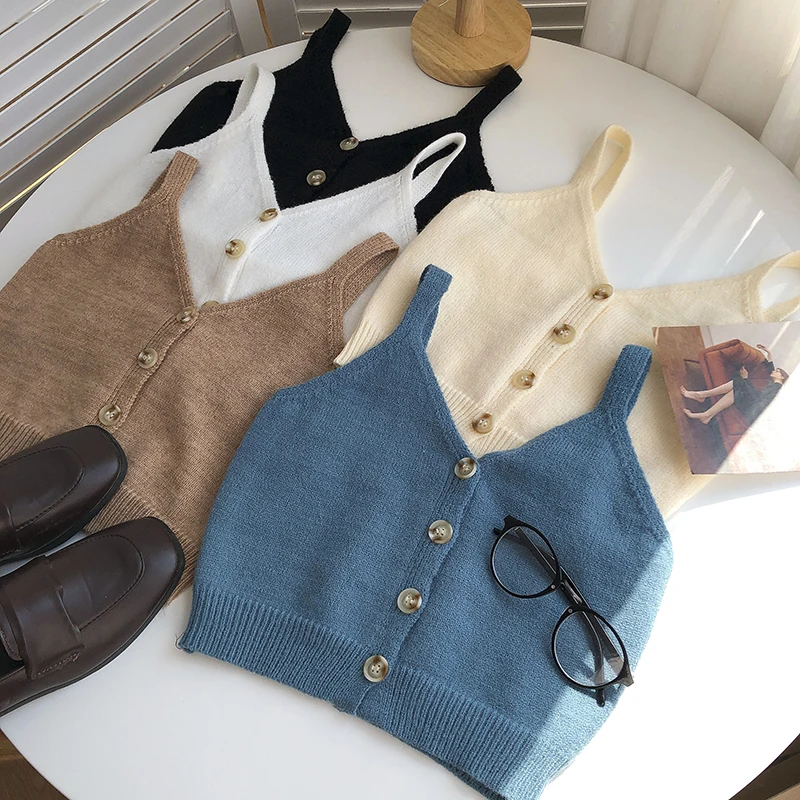 

Knitted Summer Tank Camis For Women Spaghetti Strap Single Breasted V-Neck Corset Crop Tops Korean Fashion Woman Tanks Camisoles