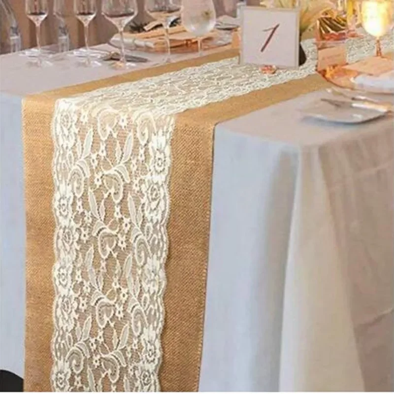 

HOT SALE 30cm*275cm Vintage White Christmas Lace Jute Table Runner Hessian Burlap Party Supplies Wedding Decoration 2AA8208