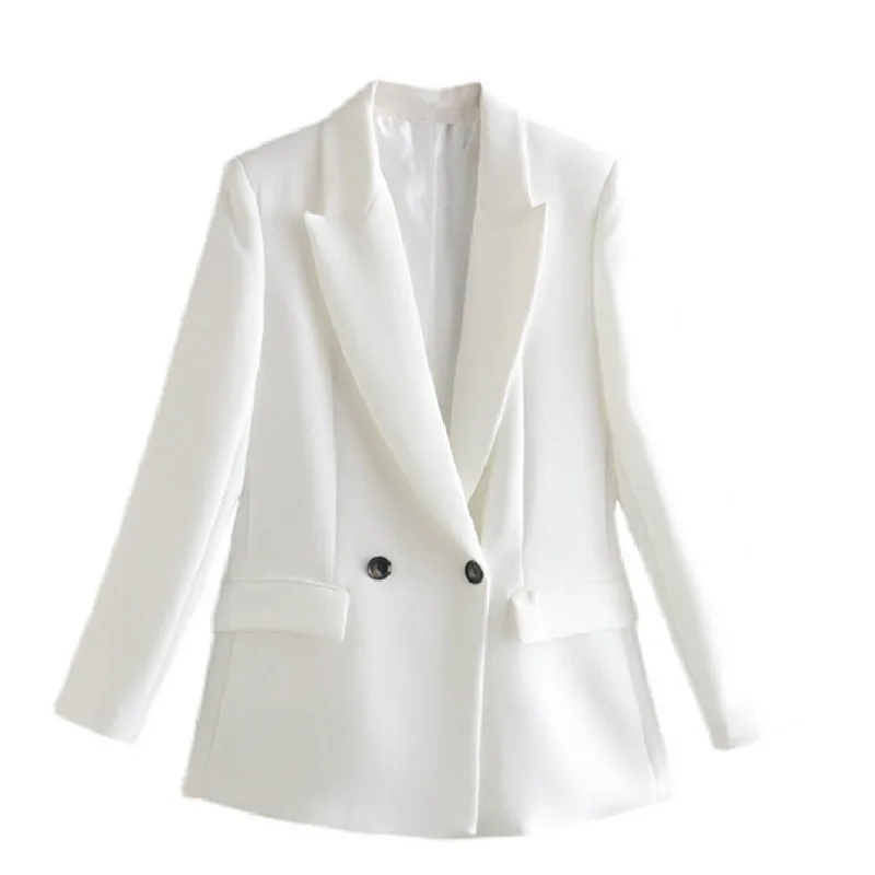 2022 Spring New Fashion White Double Breasted Loose Blazer Retro Women's Long Sleeve Pocket Jacket