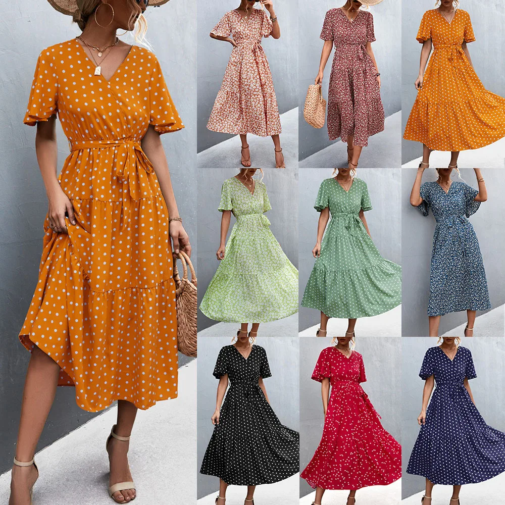 2022 Spring And Summer New Womens Sexy Street V-Neck Cross Polka Dot Floral Dress Strappy Long Skirt