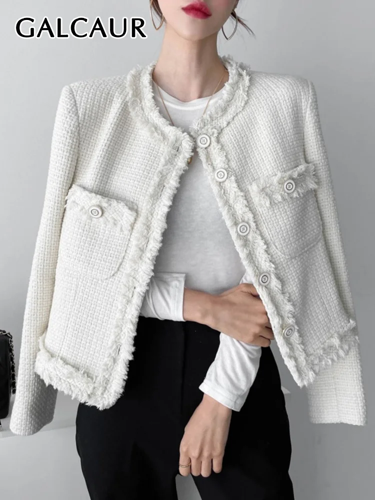

GALCAUR Patchwork Pocket Coat For Women Round Neck Long Sleeve Patchwork Raw Hem Casual Coats Female Autumn Clothing 2022 New