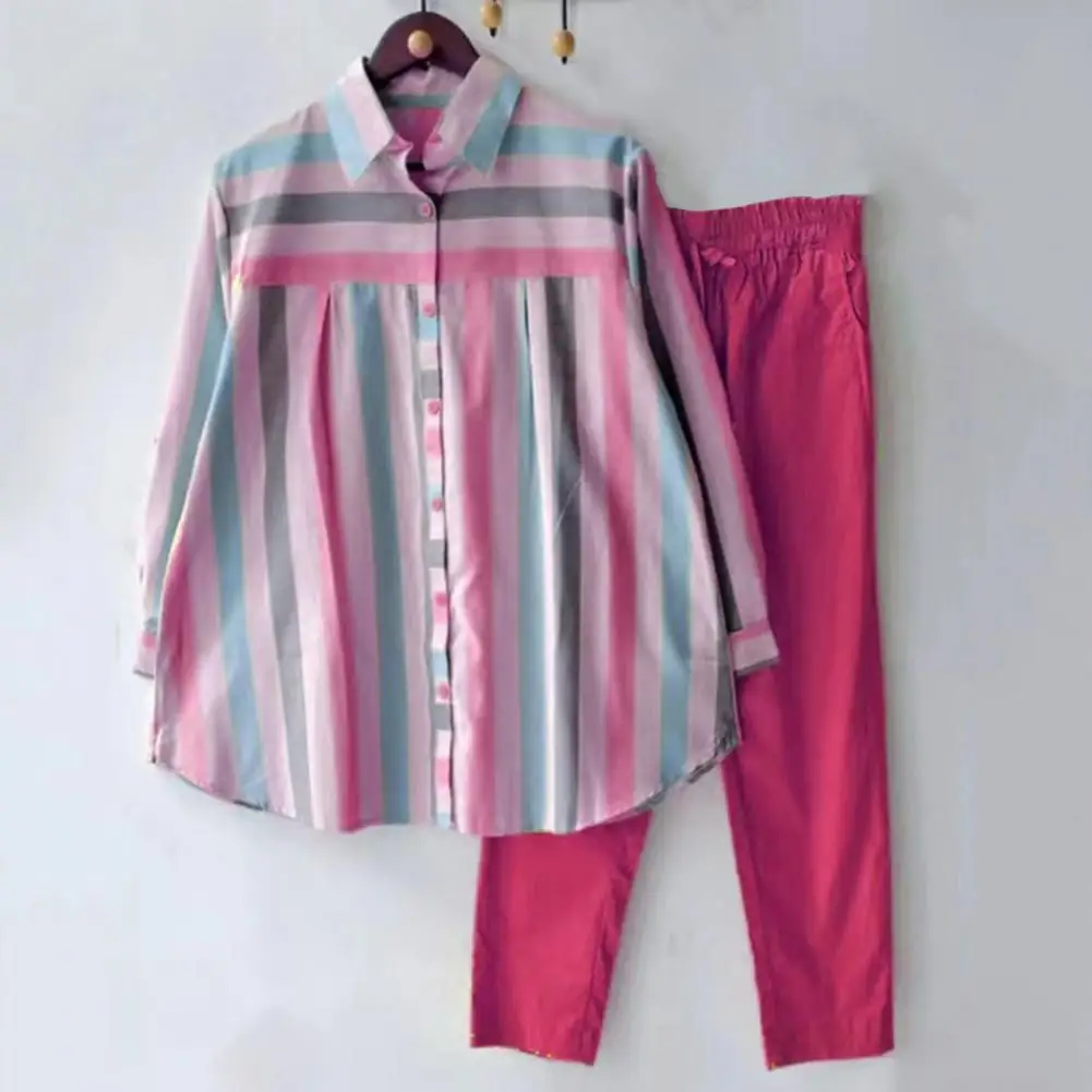 Костюм Женский свободного кроя в полоску рубашка и брюки контрастных цветов с